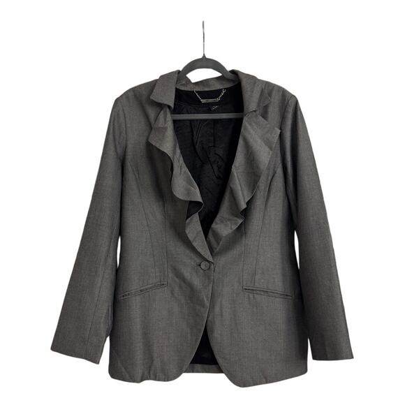 White House Black Market Single Button Gray Ruffle Collar Blazer Jacket Large - Picture 1 of 5